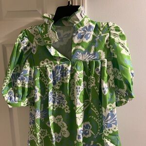 Green Floral Puff-Sleeve Blouse